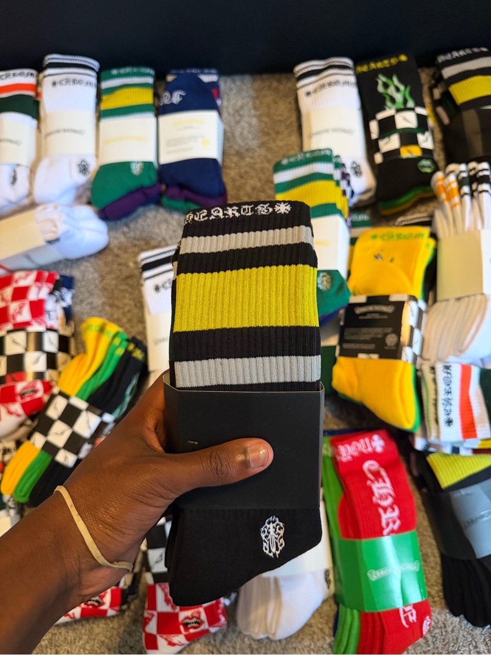 Chrome Hearts Striped Crew Socks — Yellow, Black & Gray